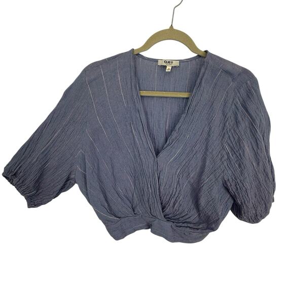 OAT New York Linen Faux Wrap Crop Top Women size Small Blue puff Sleeves - Picture 1 of 9
